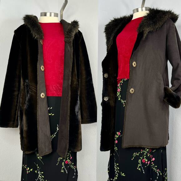 Y2K Reversible Faux Fur Faux Suede Coat size Large Outdoor Edition - Picture 1 of 10